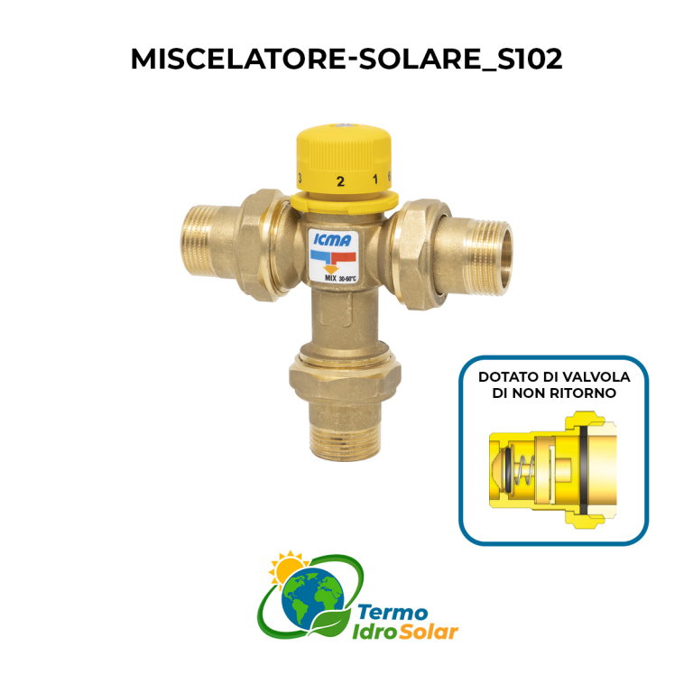 Miscelatore Termostatico ICMA S102 – Disponibile in 3/4" per la regolazione della temperatura negli impianti solari termici.