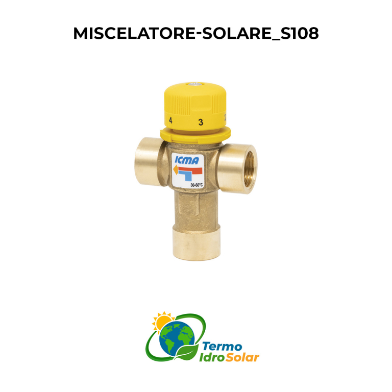 Miscelatore Termostatico S108. Disponibile in 3/4" e 1" per la regolazione della temperatura negli impianti solari termici.