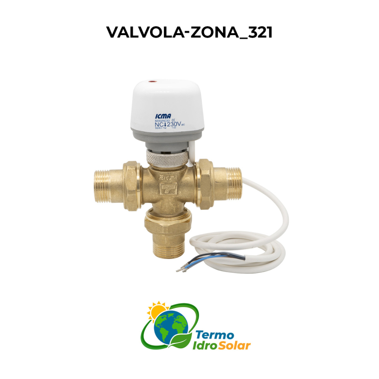 321 Valvola di zona a tre vie a pistone con bocchettoni e attuatore N.C. 230Volt art.982