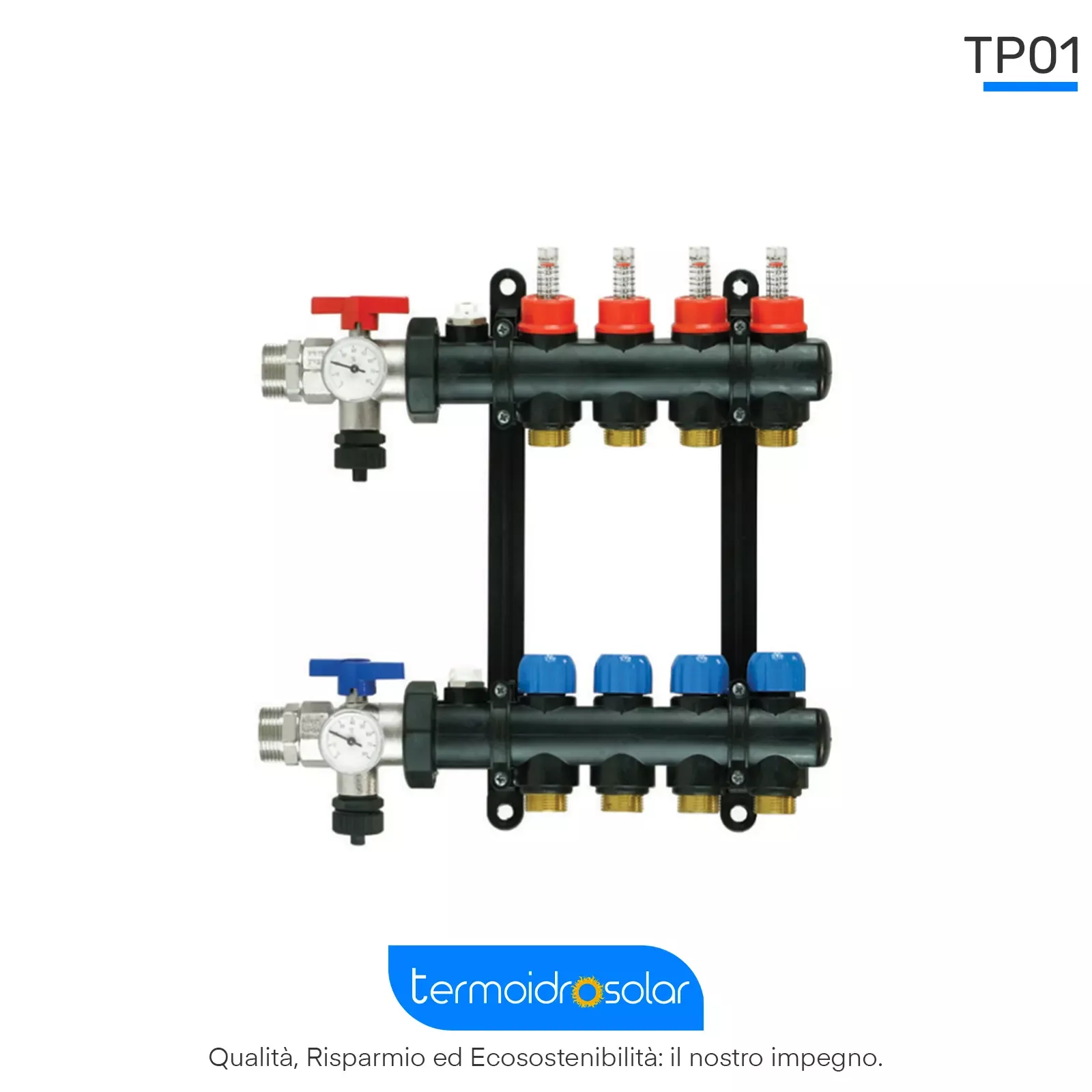 Collettore monoblocco ICMA TP01 in tecnopolimero per impianti di riscaldamento e raffrescamento a pavimento.