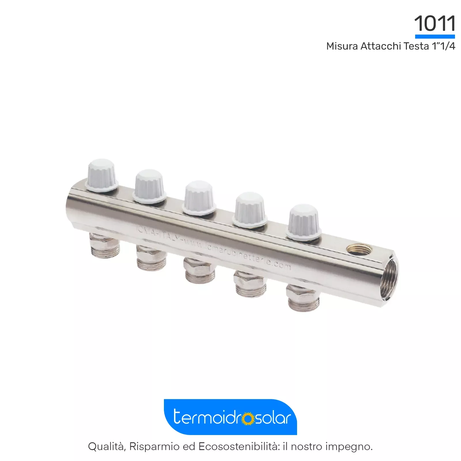 Collettore di mandata ICMA 1011 con detentori a regolazione micrometrica e attacchi da 1"1/4.