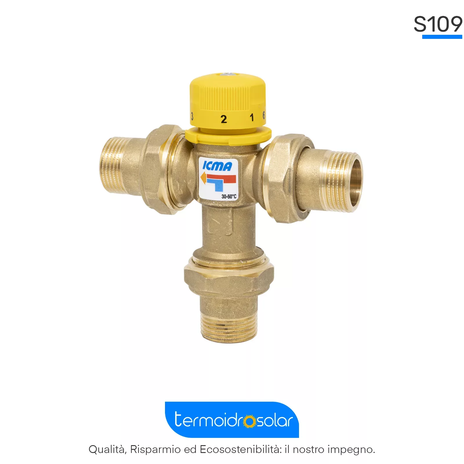 Miscelatore Termostatico ICMA S109 3/4" – Regolazione automatica della temperatura per impianti solari ad alta efficienza.