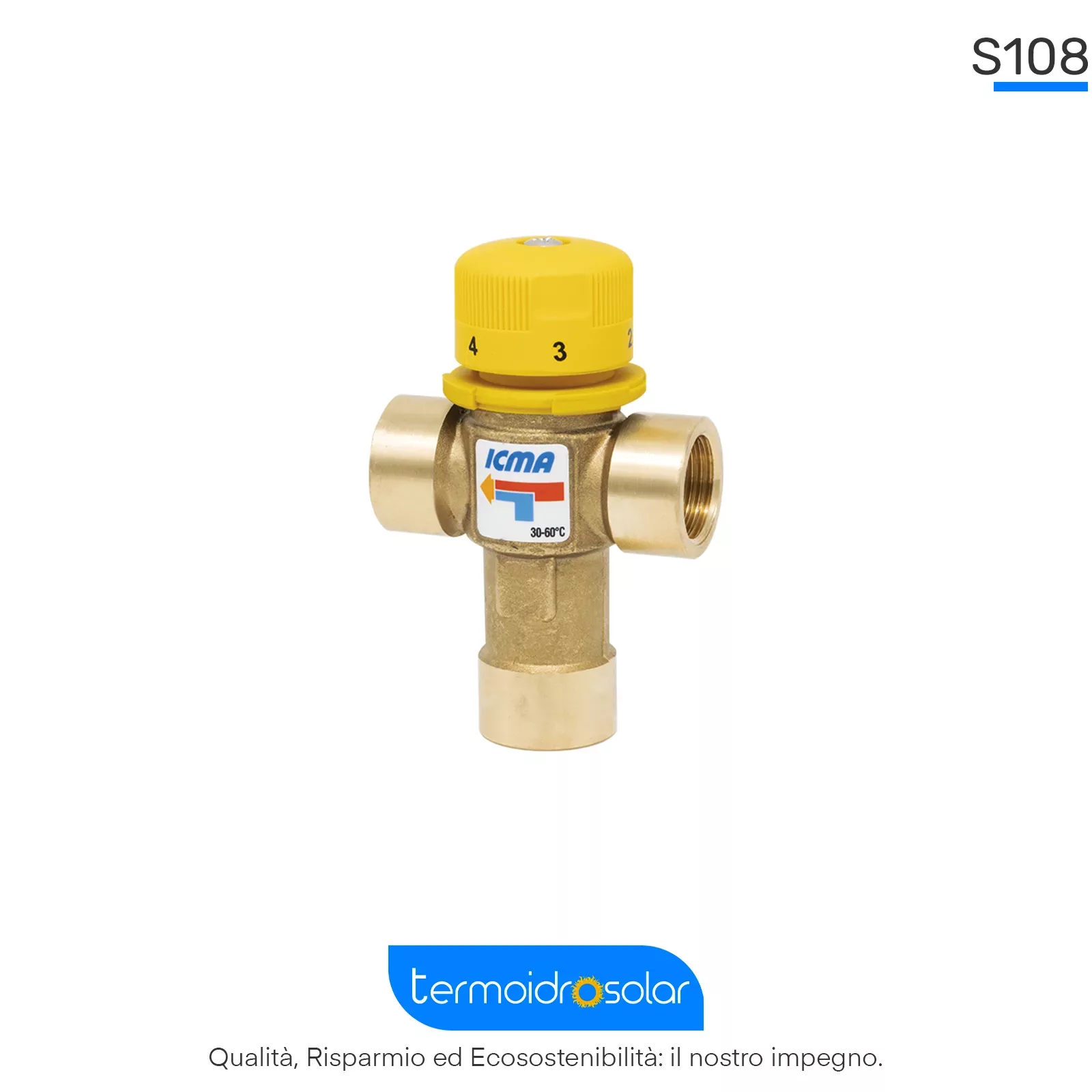 Miscelatore Termostatico S108. Disponibile in 3/4" e 1" per la regolazione della temperatura negli impianti solari termici.