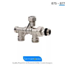 Distributore ICMA 875-877 – Regolazione del flusso per impianti monotubo e bitubo, con filettature 3/4" e 24x1,5.