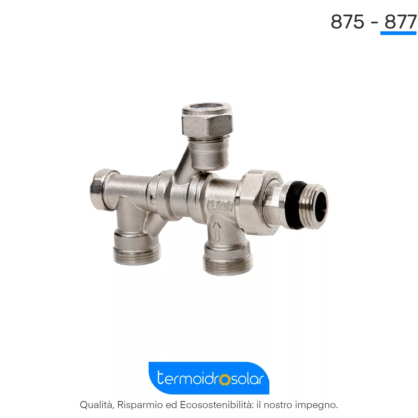 Distributore ICMA 875-877 – Regolazione del flusso per impianti monotubo e bitubo, con filettature 3/4" e 24x1,5.