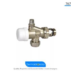 Valvola Doppio Angolo Termostatica. Regolazione avanzata per impianti monotubo e bitubo, con attacco per sonda esterna da 15 mm.